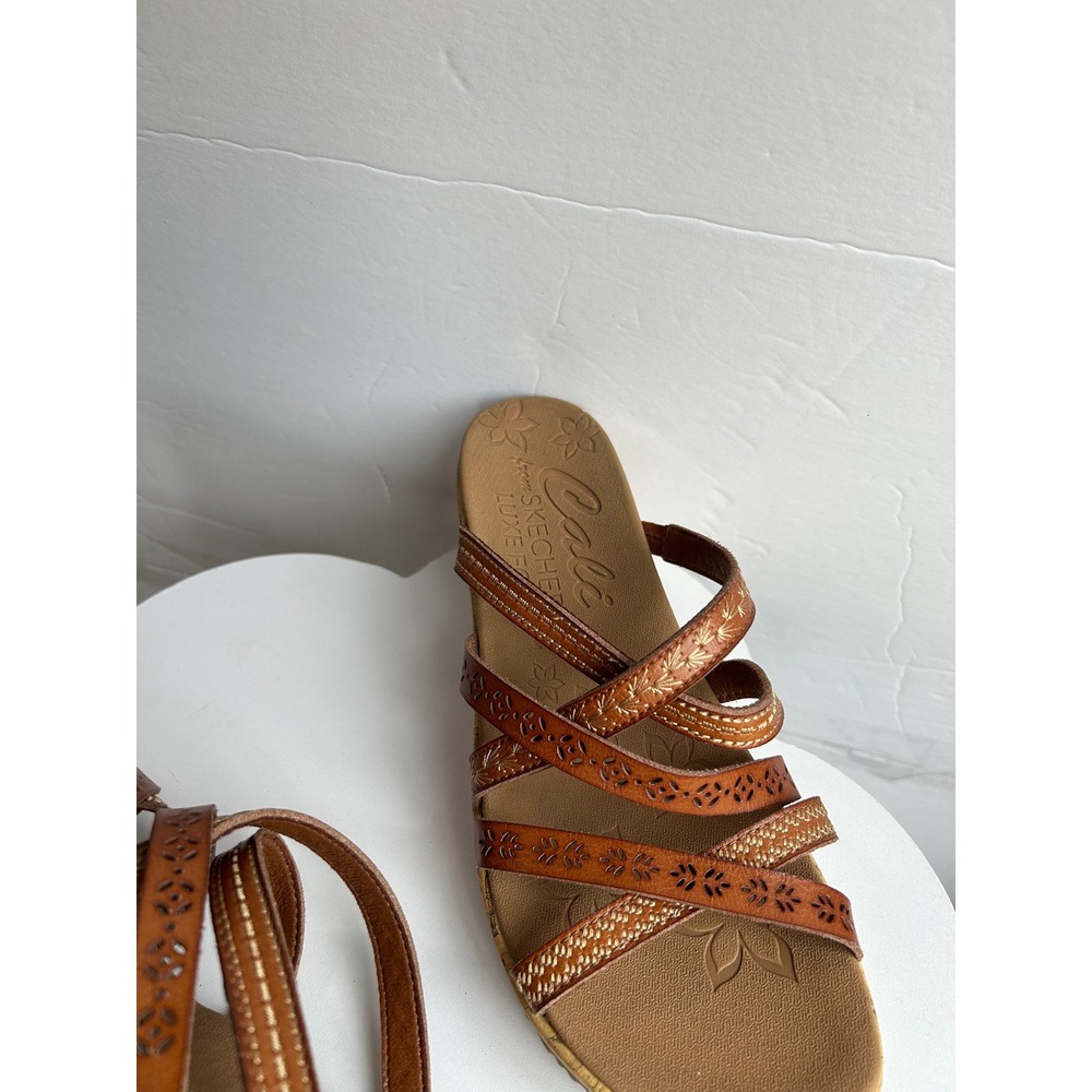 Skechers Cali Luxe Foam Wedge Sandals Brown Boho Laser Cut Floral Slides - Picture 4 of 10